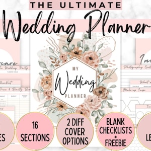 May include: A pink and white wedding planner with floral illustrations. The planner has 122 pages, 16 sections, 2 different cover options, blank checklists, and a freebie. It is available in A4 and letter sizes.