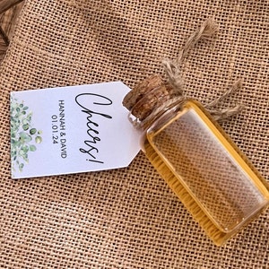 Personalised Favour Jars, Bottles, Labels & Ribbon for Shots - Cheers Eucalyptus Green with Natural Cork and Your Own Tag | Per Favore