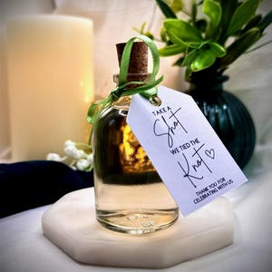 Botella de chupito personalizada para recuerdo de boda, etiqueta y cinta, 50 ml