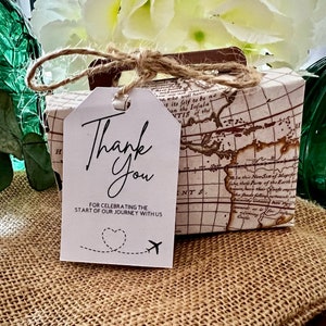 Personalised Wedding Favour Box , Label, and Hessian Ribbon - Map Suitcase Abroad Wedding Destination with Tag | Per Favore
