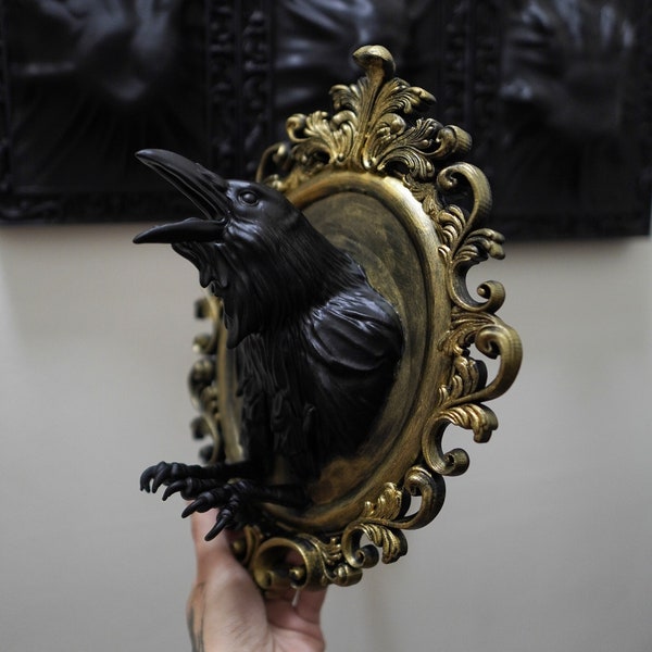 Framed Raven. Baroque frame. Victorian goth decor. a5 frame. Goth cottagecore. Black ornate frame. Raven sculpture. Raven decor.