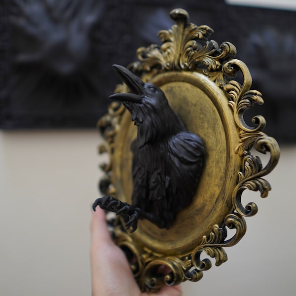 Framed Raven. Baroque frame. Victorian goth decor. a5 frame. Goth cottagecore. Black ornate frame. Raven sculpture. Raven decor.