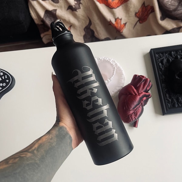 Personalized water bottle. Gothic Style Bottle. Goth car accessories. 800ml Capacity. Custom laser engraved bottle. Cute gothic gift idea.