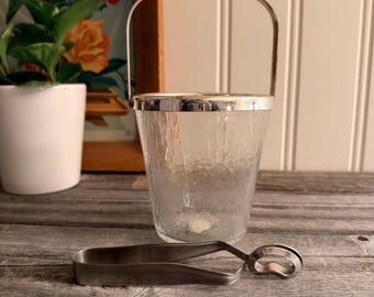 Vintage Glass Ice Bucket with Silver Detail ~ Retro Martini Bar Cart Accessory with Tongs