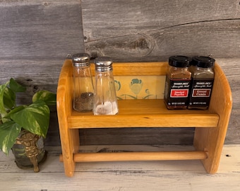 Vintage Light Wood Spice Rack with Paper Towel Holder – Floral Kitchen Decor