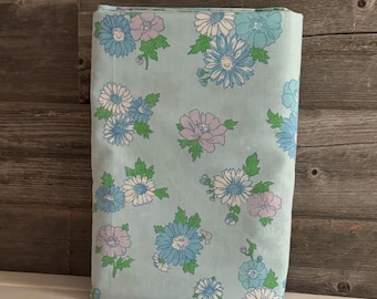 Vintage Floral Twin Flat Sheet: Retro Blue Flower Power Fabric