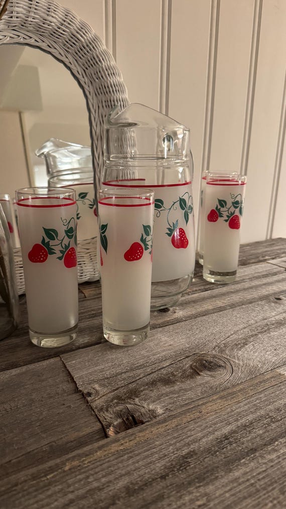 Vintage Teleflora Strawberry Pitcher and Glasses Set - France