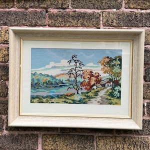 Vintage Framed Embroidery: Handmade Cottage Lake Scene