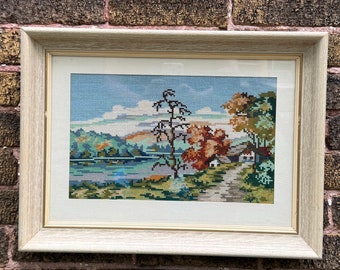 Vintage Framed Embroidery: Handmade Cottage Lake Scene