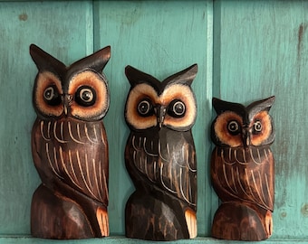 Vintage Hand Carved Wood Owls: Painted Owl Decor, Set of 3