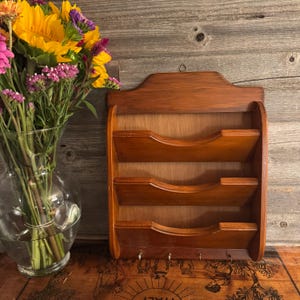 Vintage Wood Letter Organizer ~ Hand Carved Dark Wood Mail Holder with Key Hooks ~ Wall Mounted Mail Holder ~ Retro Country Farmhouse Decor