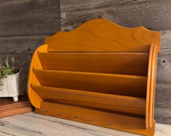 Hand Carved Wood Letter Organizer with Key Hooks – Rustic Farmhouse Mail Holder