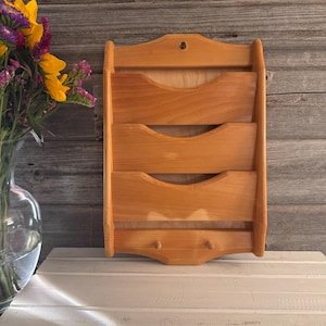 Vintage Wood Letter Organizer ~ Hand Carved Wood Letter Holder with Key Hooks ~ Wall Mounted Mail Holder ~ Retro Country Farmhouse Decor