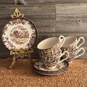 Vintage Johnson Brothers Teacup and Saucer Set: Coaching Scene Ironstone