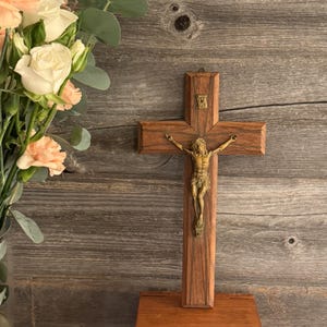 Vintage Wood Crucifix Brass Metal Jesus on the Cross Wall Hanging Religious Decor Catholic Wall Art Relic MCM Cross ~ Christian Home Decor
