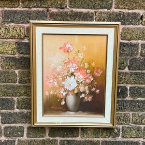 Pintura al óleo floral vintage: flores de color rosa melocotón, lienzo enmarcado