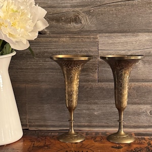 Vintage Brass Fluted Candle Holders: Etched Floral Design, Bud Vases, Pair