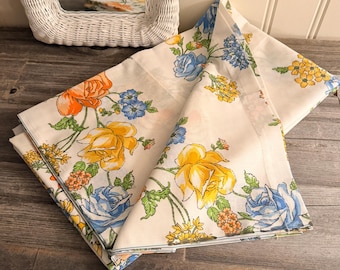 Vintage Doppellaken ~ MCM Retro Bettwäsche ~ Blau Orangw und Gelbe Rosen