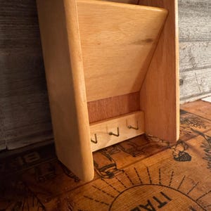 Vintage Wood Letter Organizer with Key Hooks~ Wooden Mail Holder ~ Retro Wall Mounted Blonde Wood Mail Holder ~ Country Kitchen Decor