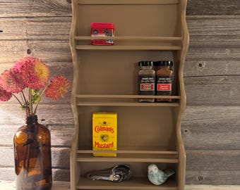 Vintage Wood Spice Rack ~ Hand Painted Taupe Spice Shelf ~ Retro Kitchen Decor