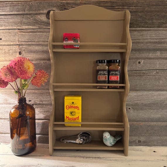 Vintage Wood Spice Rack ~ Hand Painted Taupe Spice Shelf ~ Retro Kitchen Decor