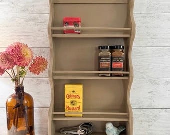 Vintage Wood Spice Rack ~ Hand Painted Taupe Spice Shelf ~ Retro Kitchen Decor