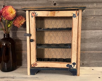 Vintage Farmhouse Spice Rack: Rustic Wood Cabinet with Vegetable Art