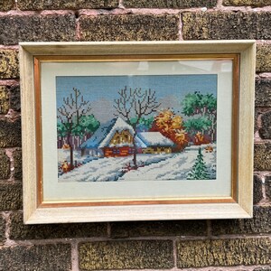 Vintage Framed Embroidery: Winter Cottage Needlepoint Art