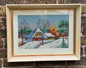 Vintage Framed Embroidery: Winter Cottage Needlepoint Art