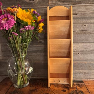 Vintage Wood Mail Organizer with Key Hooks: Retro Country Kitchen Decor