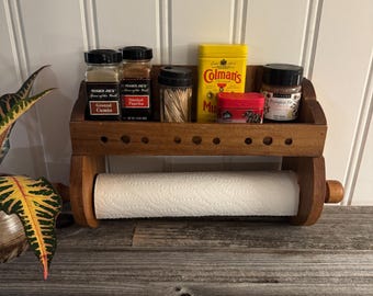 Vintage Wood Spice Rack with Paper Towel Holder - Rustic Kitchen Decor