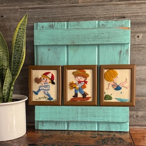 Vintage Crewel Art: Boy on Rocking Horse, Baseball, Swimming (Set of 3)