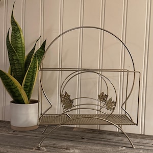 Vintage Magazine Rack ~ Retro Record Holder ~ MCM Gold Leaf Book Stand ~ Mid Century Living Room Decor ~ Metal Magazine Holder