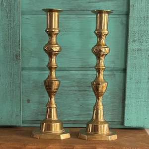 Vintage Brass Candlestick Holders: Large Victorian Style Pair