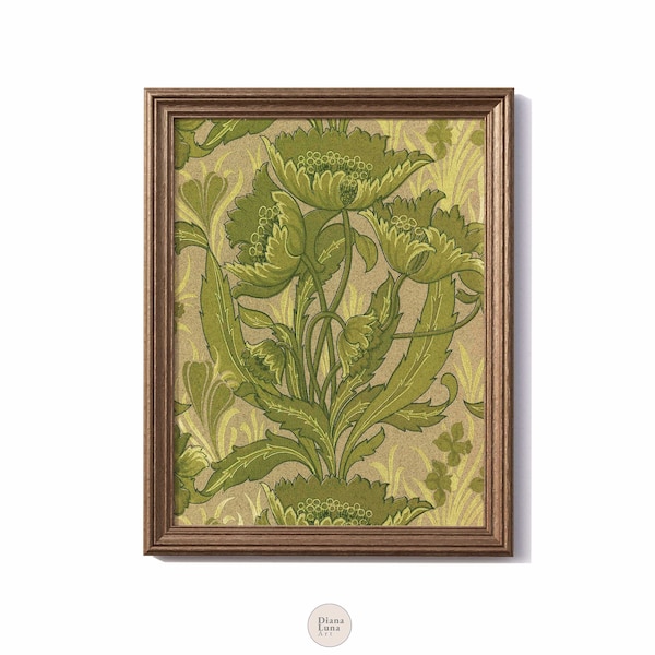 Antique Textile Printable Wall Art, Vintage Tapestry Green Print, Cottagecore Wall Decor, Floral Pattern Art Print DIGITAL DOWNLOAD
