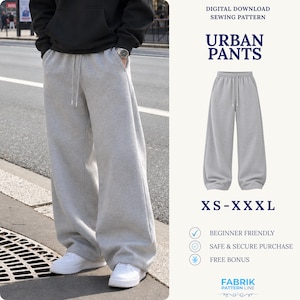May include: Digital download sewing pattern for Urban Pants in sizes XS-XXL. The image displays light gray wide-leg sweatpants with a drawstring waist, shown on a person and as a flat product illustration with text labels.