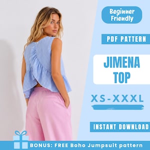 May include: A blue and white striped top with a ruffled back, worn with pink trousers. The image features the text "JIMENA TOP" and "XS-XXXL". Additional text reads "Beginner Friendly" and "Instant Download".