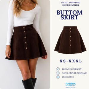 May include: A digital download sewing pattern for a dark brown skirt with a front button closure. The text reads: DIGITAL DOWNLOAD SEWING PATTERN, BUTTOM SKIRT, XS-XXXL, BEGINNER FRIENDLY, SAFE & SECURE PURCHASE, FREE BONUS, FABRIK PATTERN LINE.
