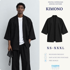 Può includere: Un cartamodello digitale per kimono nero nelle taglie XS-XXXL. Il testo riporta DIGITAL DOWNLOAD SEWING PATTERN, KIMONO, XS-XXXL, BEGINNER FRIENDLY, SAFE & SECURE PURCHASE, FREE BONUS e FABRIK PATTERN LINE.
