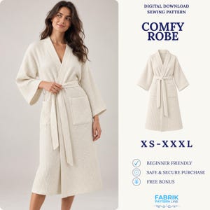 May include: A digital download sewing pattern for a cream-colored waffle-textured robe with long sleeves, a tie waist, and two front pockets. The text reads: DIGITAL DOWNLOAD SEWING PATTERN, COMFY ROBE, XS-XXXL, BEGINNER FRIENDLY, SAFE & SECURE PURCHASE, FREE BONUS, FABRIK PATTERN LINE.