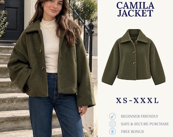 May include: A digital download sewing pattern for the Camila Jacket, an olive green jacket with a wide collar, long sleeves, and three front buttons. The pattern is available in sizes XS to XXXL and includes beginner friendly instructions.