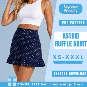 May include: A navy blue mini skirt with a white polka dot pattern and a ruffled hemline. The image includes text: Beginner Friendly, PDF PATTERN, ASTRID RUFFLE SKIRT, XS-XXXL, INSTANT DOWNLOAD, and BONUS: FREE Boho Jumpsuit pattern.