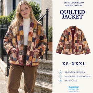 May include: A digital download sewing pattern for a quilted jacket featuring a patchwork design with various floral and plaid patterns in shades of yellow, red, blue, and brown. The jacket has long sleeves, two front pockets, and dark red trim.