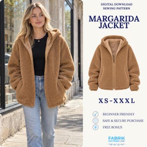 May include: A digital download sewing pattern for the Margarida Jacket, featuring a brown hooded fleece jacket with a zip closure and side pockets. The pattern is available in sizes XS to XXXL and is labelled as beginner friendly by Fabrik Pattern Line.