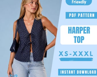 Tie Front Top Sewing Pattern PDF | Sleeveless Wrap Blouse Pattern | Bow Front Summer Top | Easy Beginner Pattern | Women Sewing Pattern