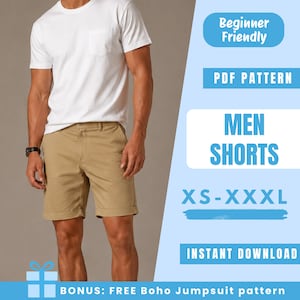 Puede incluir: Una camiseta blanca de manga corta con bolsillo en el pecho y pantalones cortos color caqui. La imagen incluye el texto: Beginner Friendly, PDF PATTERN, MEN SHORTS, XS-XXXL, INSTANT DOWNLOAD y BONUS: FREE Boho Jumpsuit pattern.