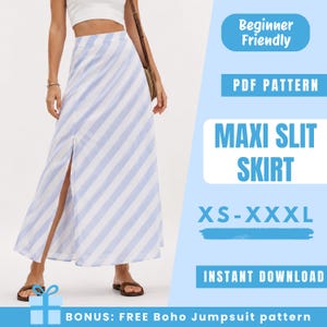 Może przedstawiać: Spódnica maxi w jasnoniebieskie i białe ukośne paski z rozcięciem z przodu. Tekst głosi: Beginner Friendly, PDF PATTERN, MAXI SLIT SKIRT, XS-XXXL, INSTANT DOWNLOAD, BONUS: FREE Boho Jumpsuit pattern.