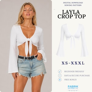 May include: A white long-sleeve crop top with a deep V-neckline and a front tie closure. The garment features ribbed fabric and flared sleeves. Text on the image reads: DIGITAL DOWNLOAD SEWING PATTERN LAYLA CROP TOP XS-XXXL BEGINNER FRIENDLY.