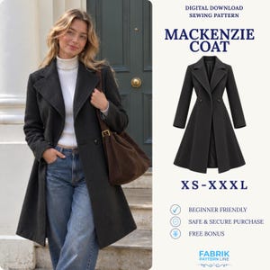 Può includere: Un cartamodello digitale per il cappotto Mackenzie, caratterizzato da un cappotto lungo grigio scuro con revers dentellati, chiusura a doppio petto e gonna svasata. Il modello è disponibile nelle taglie dalla XS alla XXXL per principianti.