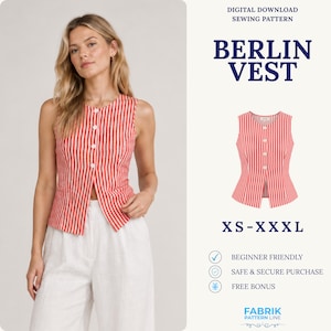 May include: A digital download sewing pattern for the Berlin Vest, available in sizes XS to XXXL. The vest features a sleeveless design with vertical red and white stripes, a round neckline, and a front button closure with four white buttons.